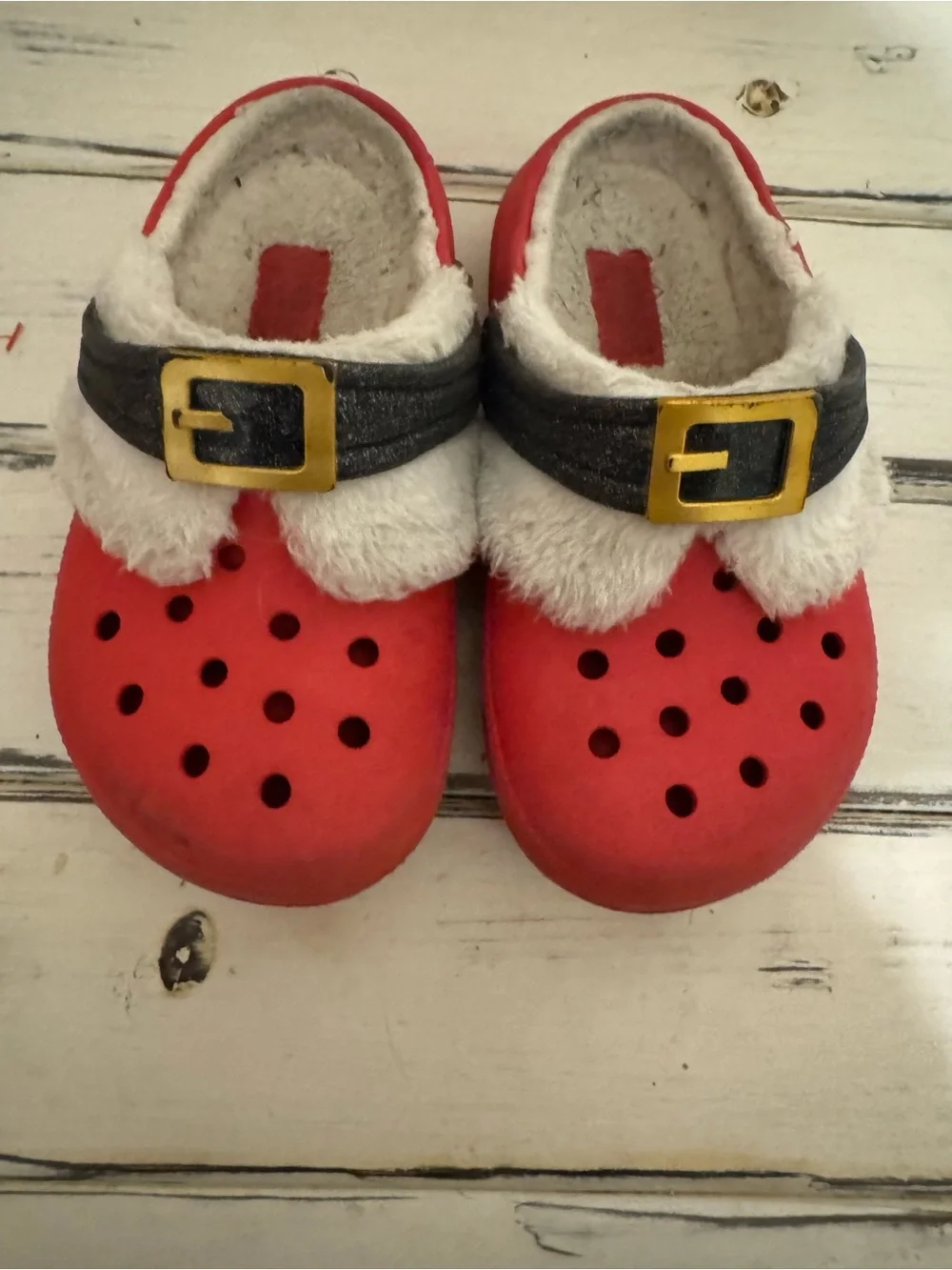 CROCS Kids Red Faux-Fur Lined Clogs with Black Strap and Gold Buckle